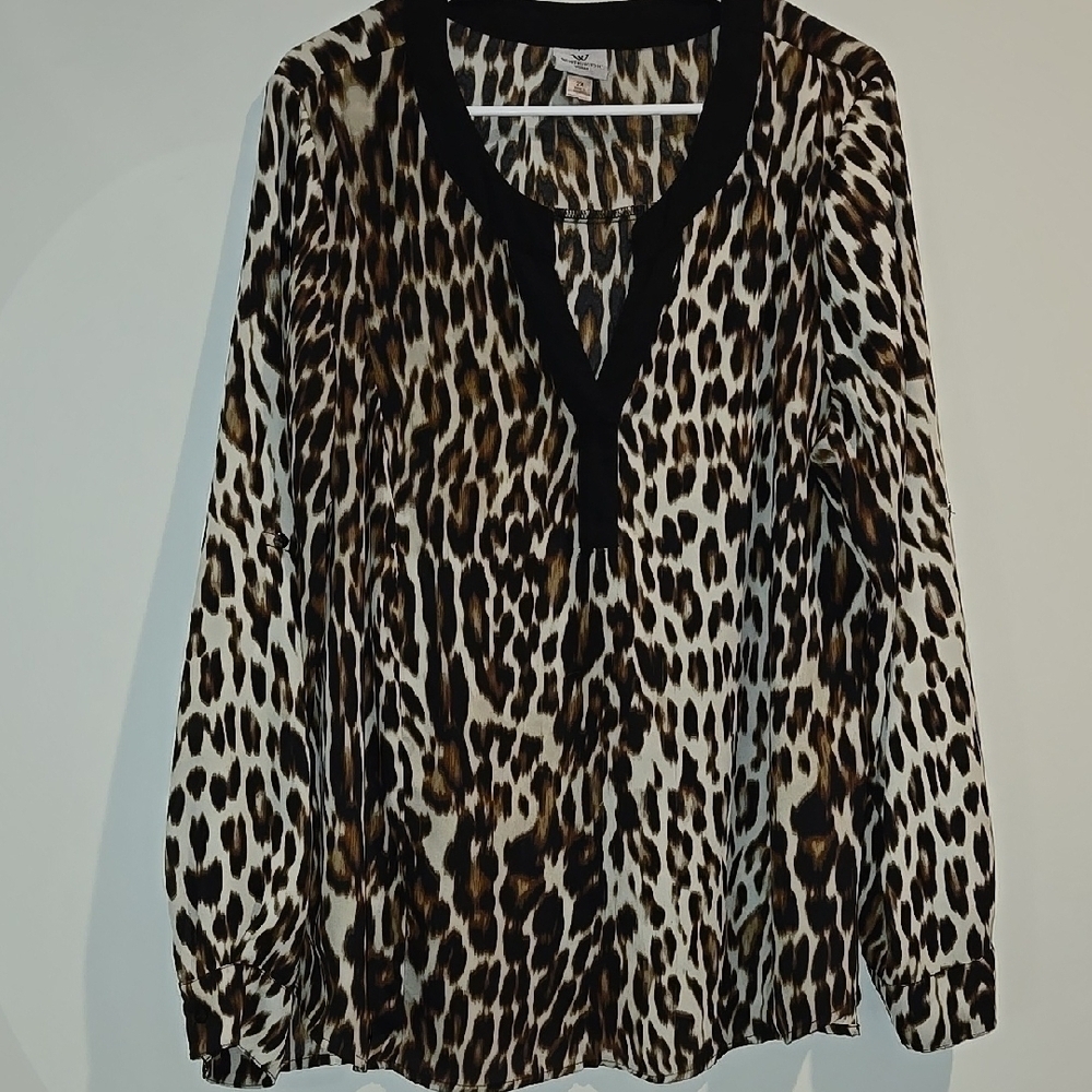 Worthington Black and Brown Graphic Long Sleeve Blouse